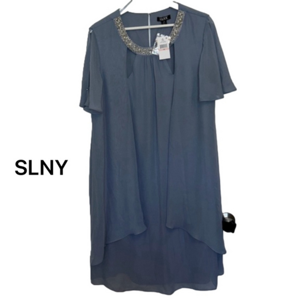 SLNY Hydrangea Blue Cutout Pearl Neck Floaty Short Sleeve Dress Size 14W NWT